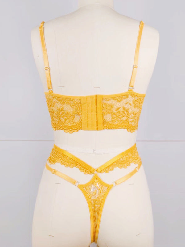Lace bra with sexy beading 3D flowers perspective underwear set