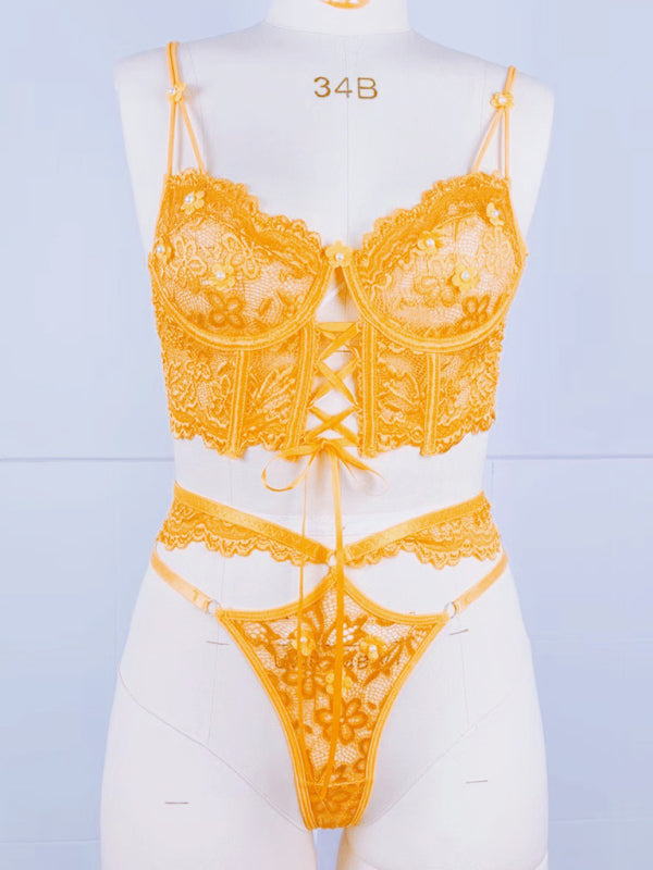 Lace bra with sexy beading 3D flowers perspective underwear set