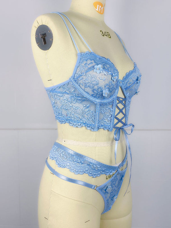 Lace bra with sexy beading 3D flowers perspective underwear set