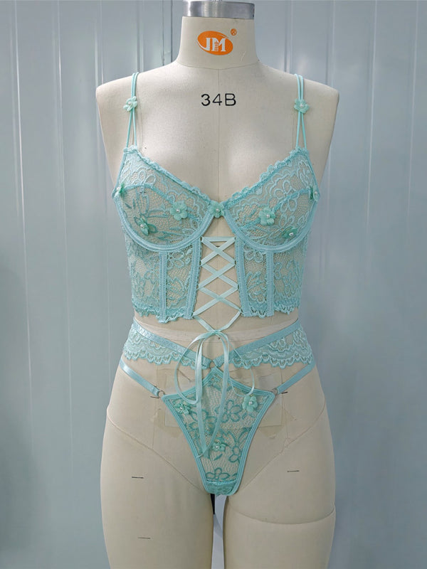 Lace bra with sexy beading 3D flowers perspective underwear set