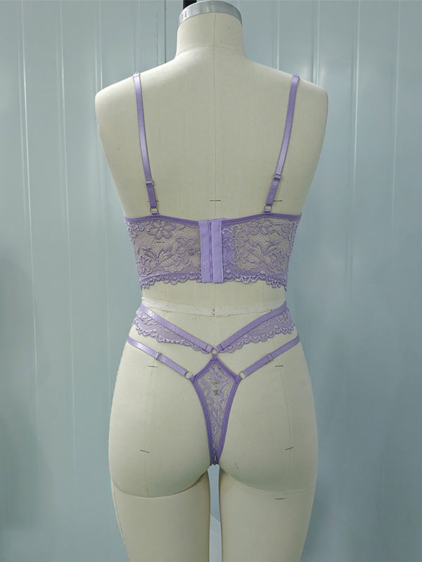 Lace bra with sexy beading 3D flowers perspective underwear set