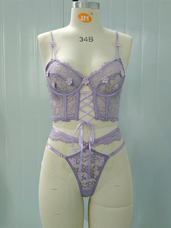 Lace bra with sexy beading 3D flowers perspective underwear set