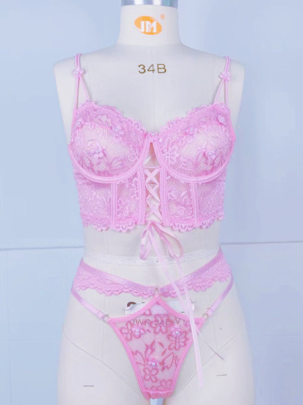 Lace bra with sexy beading 3D flowers perspective underwear set
