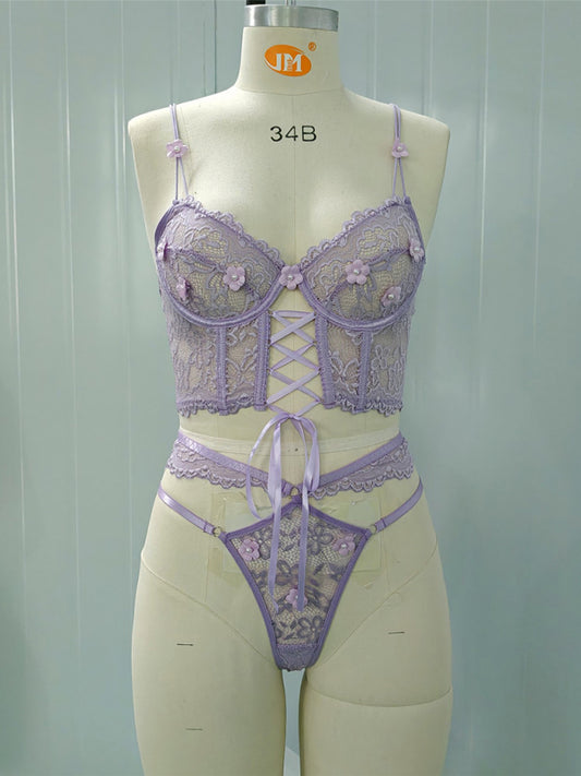 Lace bra with sexy beading 3D flowers perspective underwear set