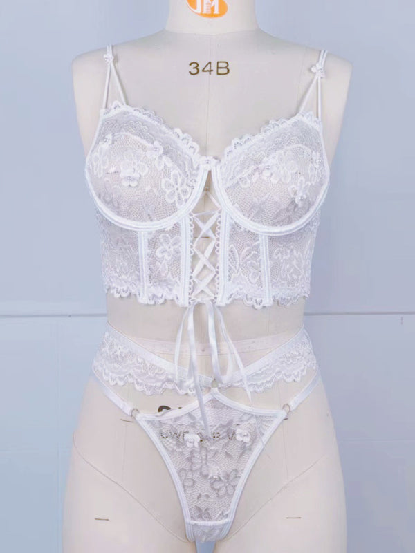 Lace bra with sexy beading 3D flowers perspective underwear set